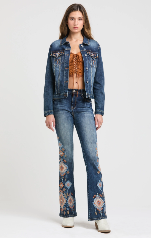 Grace In LA - Aztec Embroidery High Waist Flare - HL-52007