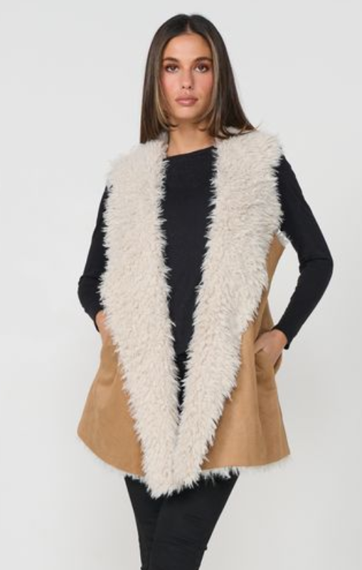 CZ1174 Vest Faux Mongolian_suede tan caju princess bazaar