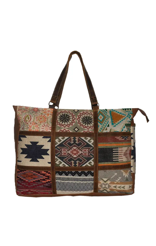 Hopofly - Canvas &amp; Leather Overnight Multi Patch Weekender Bag - JH-6043