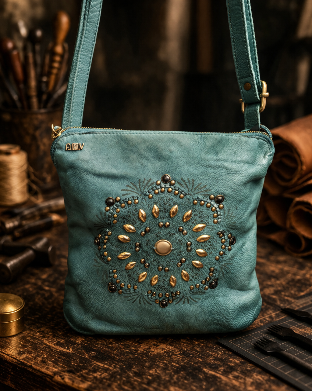 Art 'N Vintage - Lacey Crossbody Bag - Teal Leather - W2621