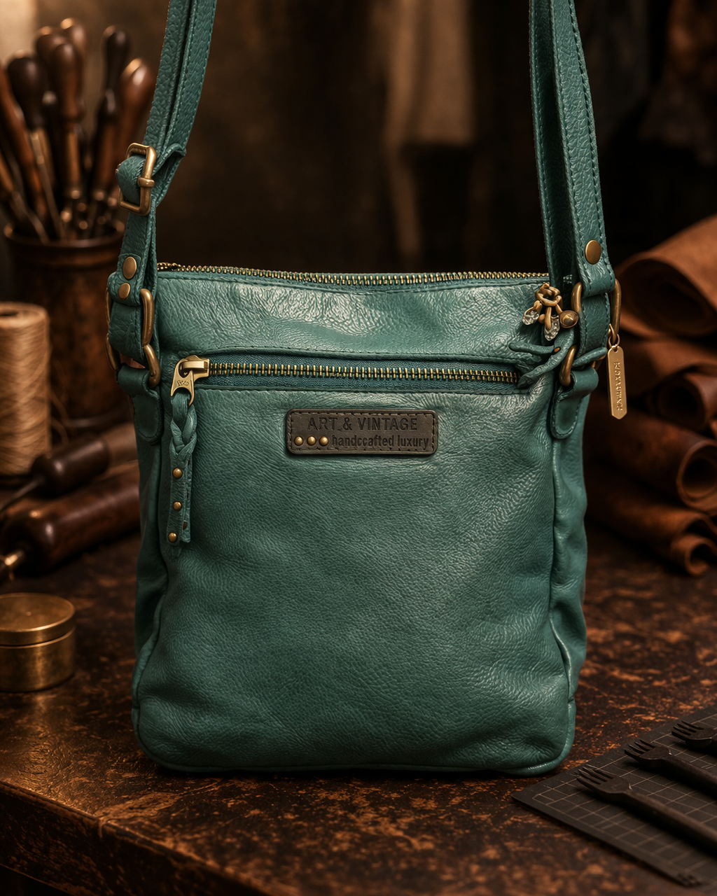 Art 'N Vintage - Lacey Crossbody Bag - Teal Leather - W2621