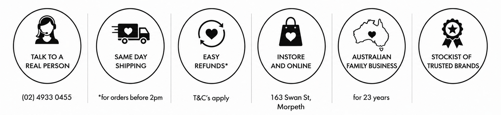 'Talk to a Real Person,' 'Same Day Shipping,' 'Easy Refunds,' 'Instore and Online,' 'Australian Family Business,' and 'Stockist of Trusted Brands.'.