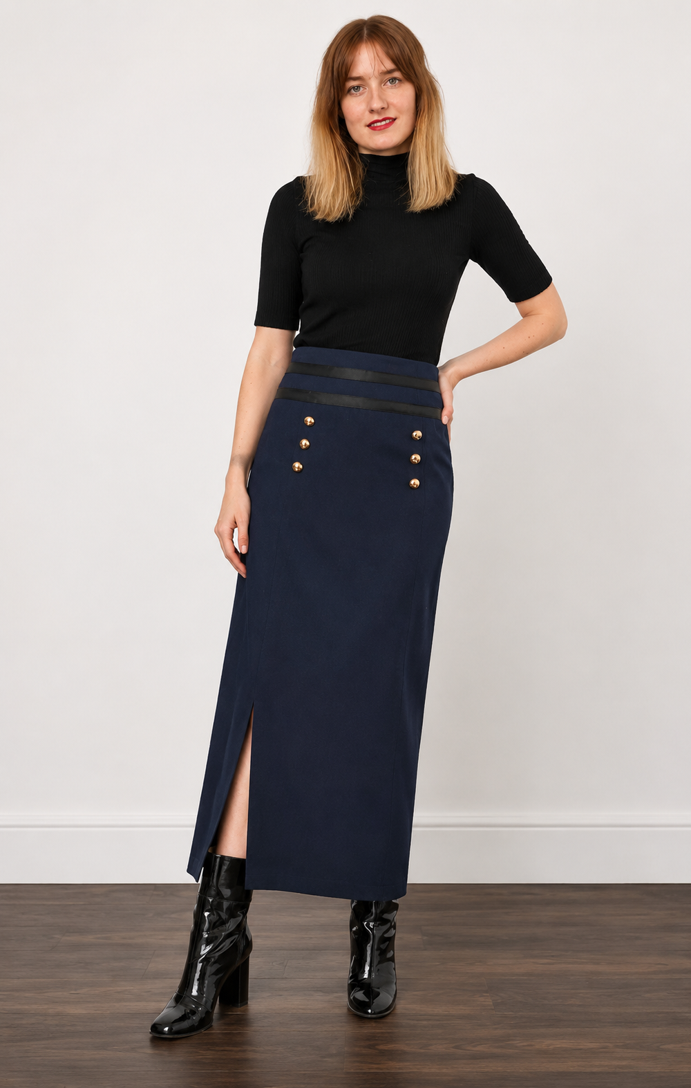 Outlet -  Mint - Navy Canvas Maxi Skirt - M548