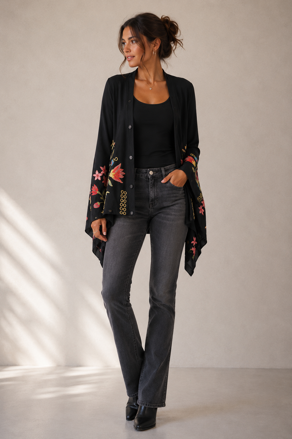Johnny Was - Button Neck Draped Cardigan - Georgia - Black