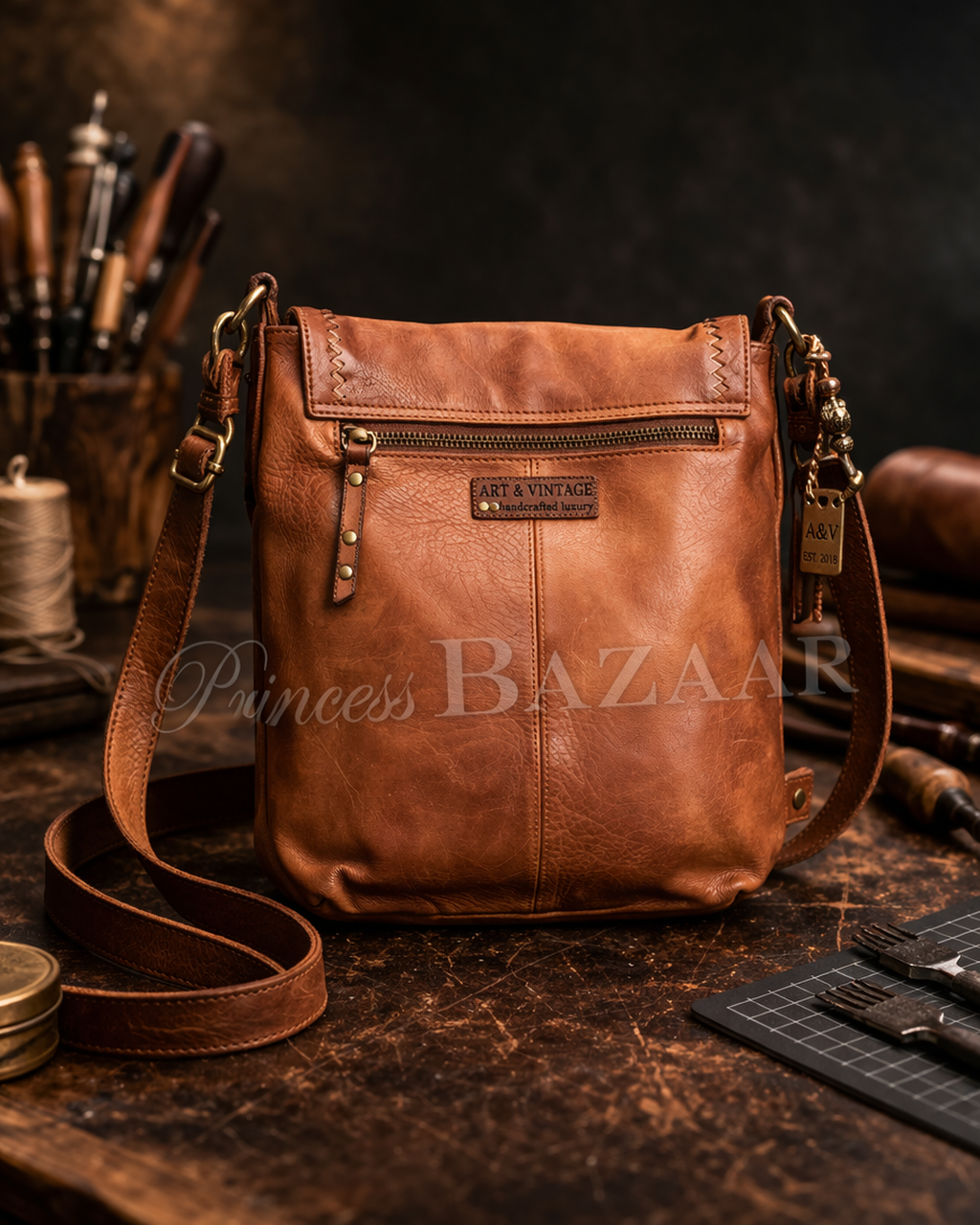 Art 'N Vintage - Tippy Messenger Bag - Tan Leather - S-5257