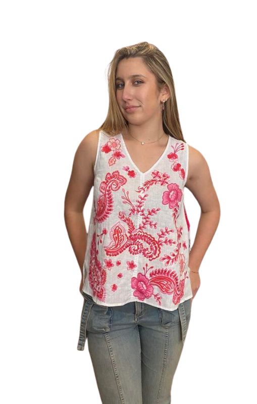 Johnny Was - BUTTON BACK LINEN TANK - Cassia - White