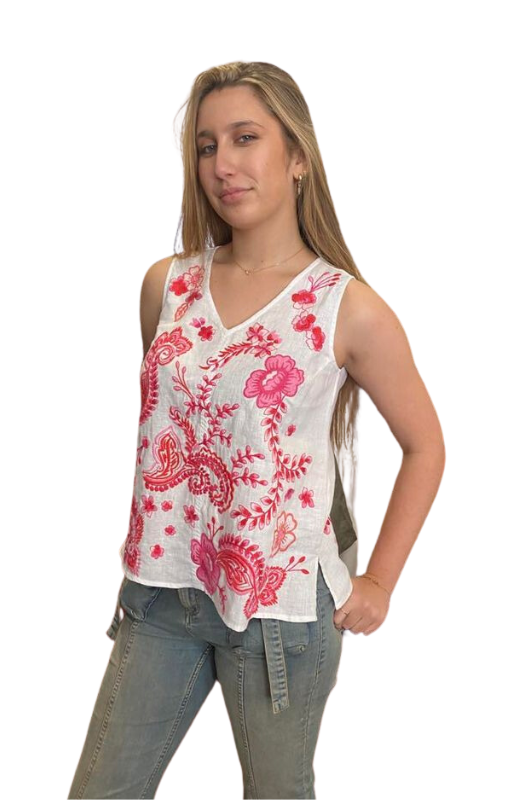 Johnny Was - BUTTON BACK LINEN TANK - Cassia - White