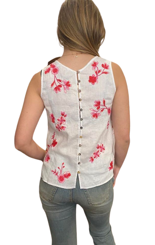 Johnny Was - BUTTON BACK LINEN TANK - Cassia - White