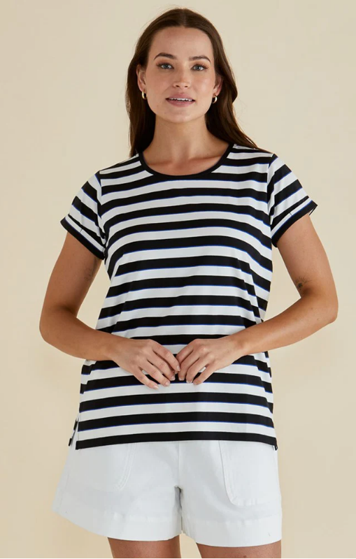Betty Basics - Caia Crew Tee - Blue/Black Stripe