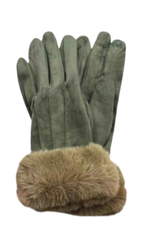 Autumn - Suede Feel Gloves w/ Faux Fur Cuff - Olive Green GL340051