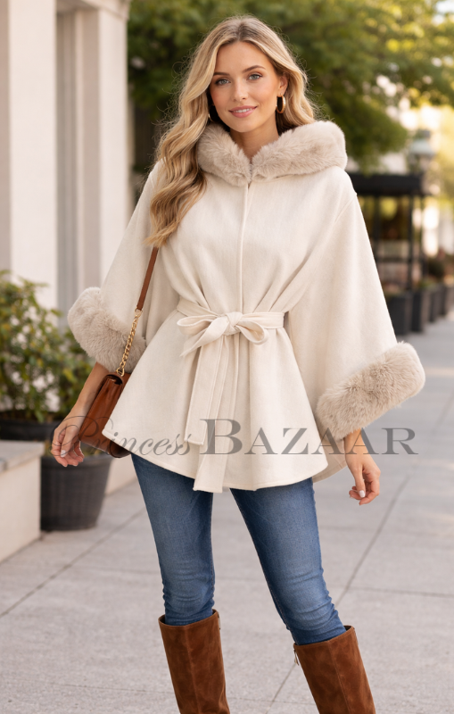 Evidencee - Aspen Luxe Faux Fur Trim Poncho - 95108