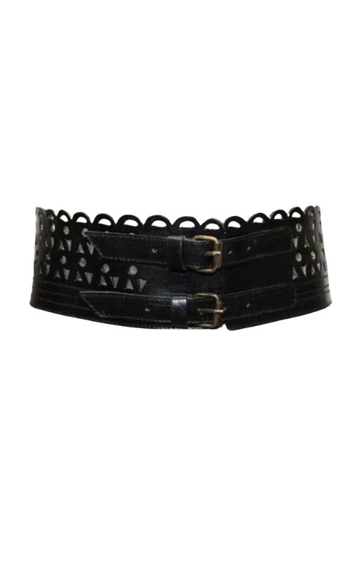 Miss June Paris - Black Leather Cinch Double Buckle Belt - J126