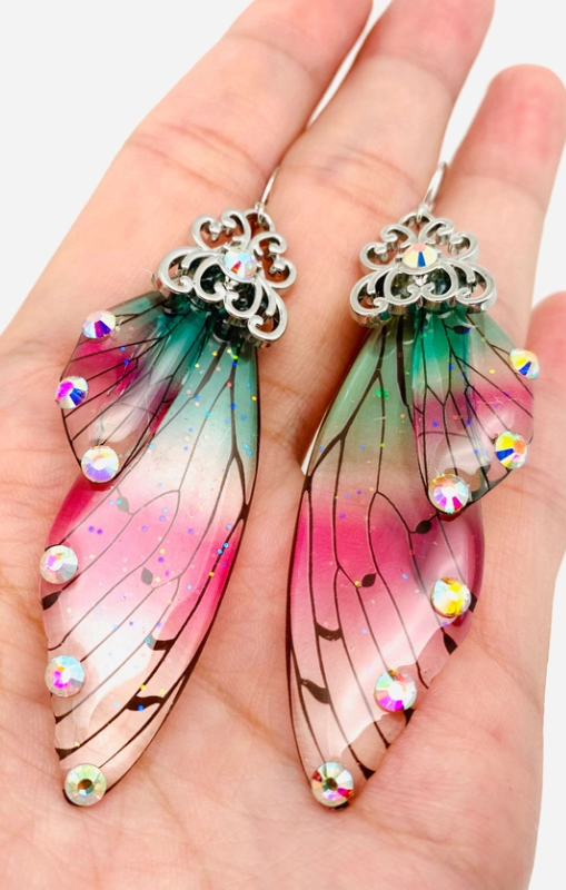 Bhyza - Butterfly/Fairy Wing - Earrings - Green/Pink - FH2204-E