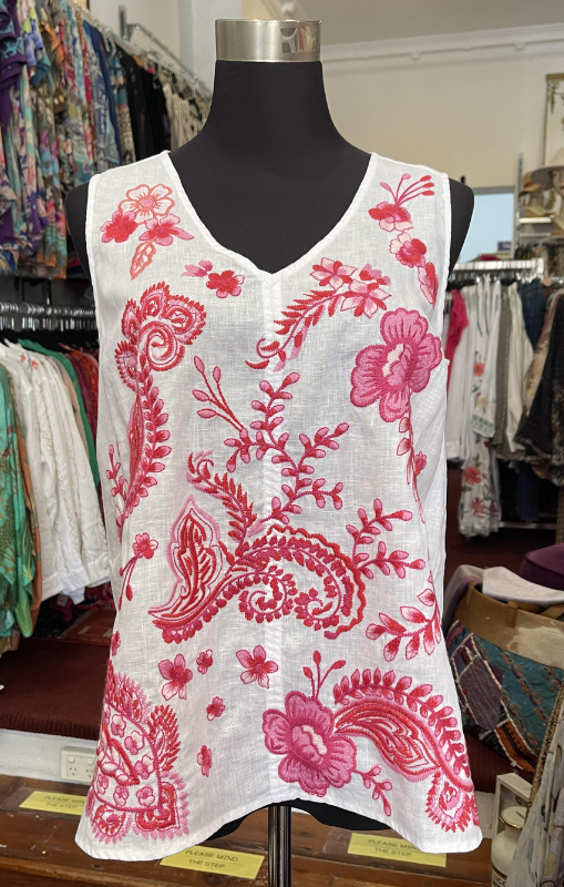 Johnny Was - BUTTON BACK LINEN TANK - Cassia - White - last one