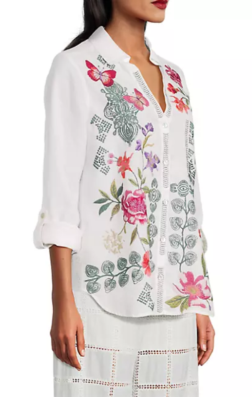 Johnny Was Womens M Embroidered Floral Relaxed Fit Blouse Top Shirt retailer White