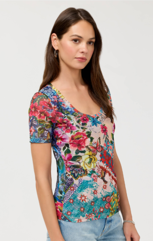 Johnny Was - SHORT SLEEVE SCOOP NECK MESH TEE - Evieprincessbazaar