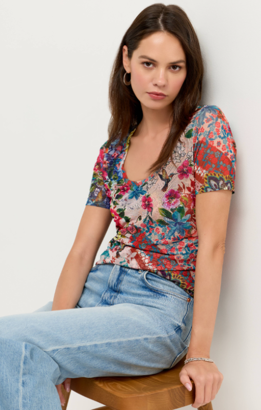 Johnny Was - SHORT SLEEVE SCOOP NECK MESH TEE - Evieprincessbazaar4