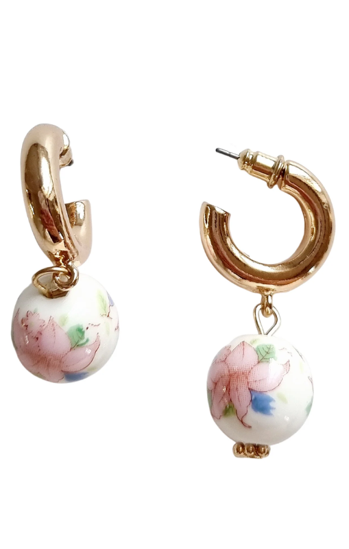 Zoda - MIRABEL FLORAL BEAD GOLD HOOP EARRING PINK - 220555E