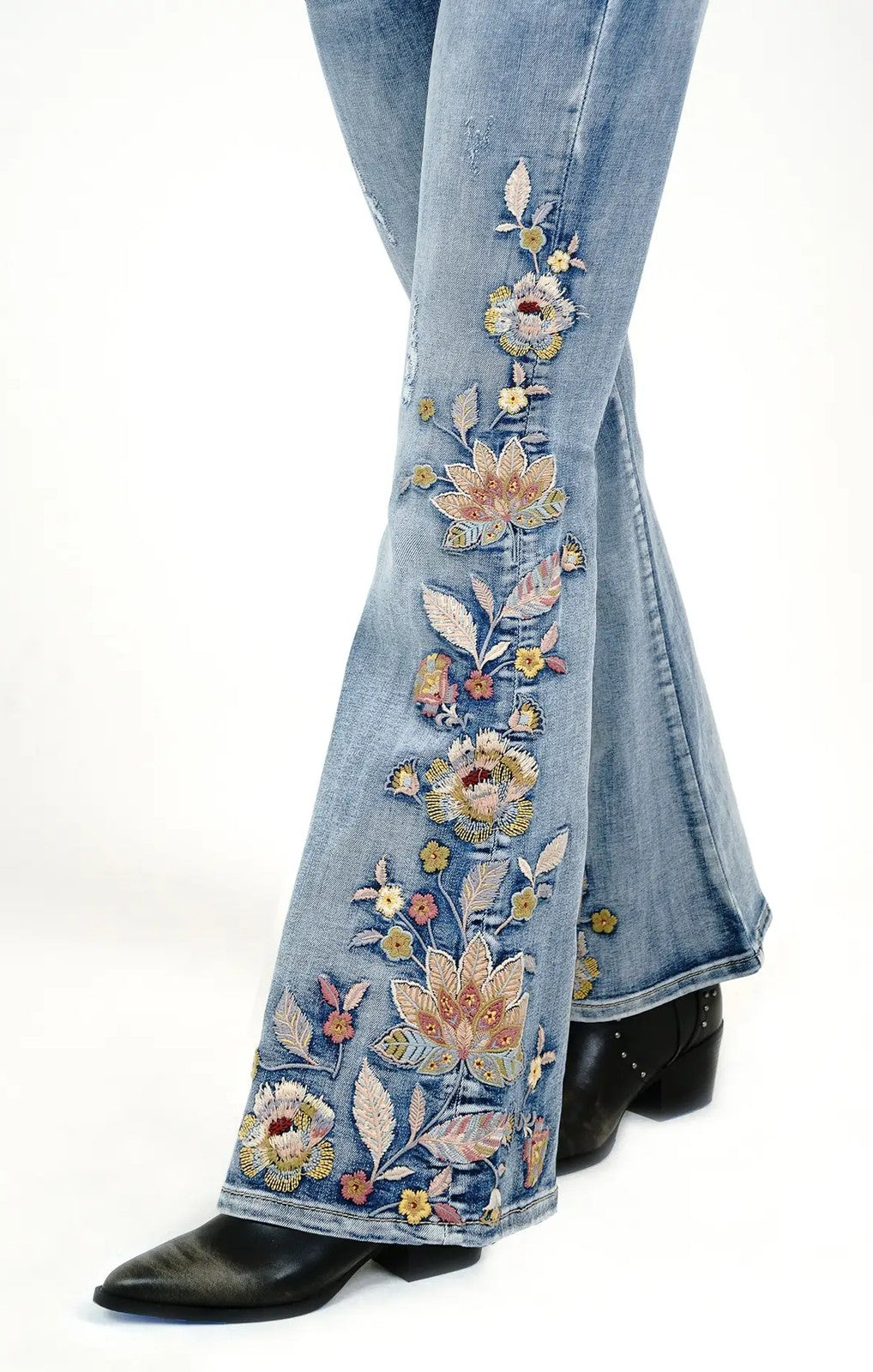 Grace in LA – Floral Embroidery High Waist Flare Jean – HL-51900 – Light Blue Wash