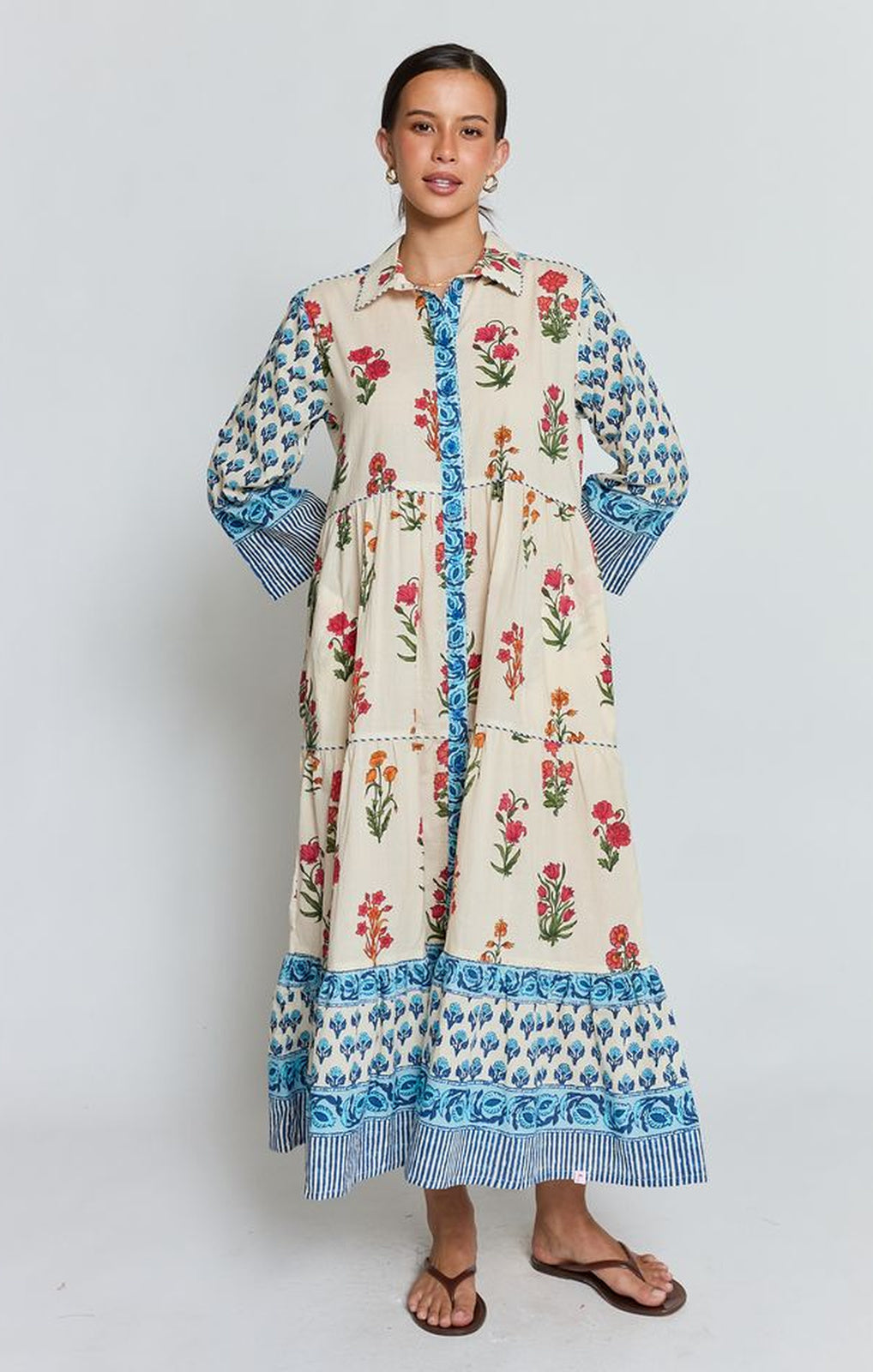 Ibisa Stirling Midi Dress cream multi full-length front view – Princess Bazaar