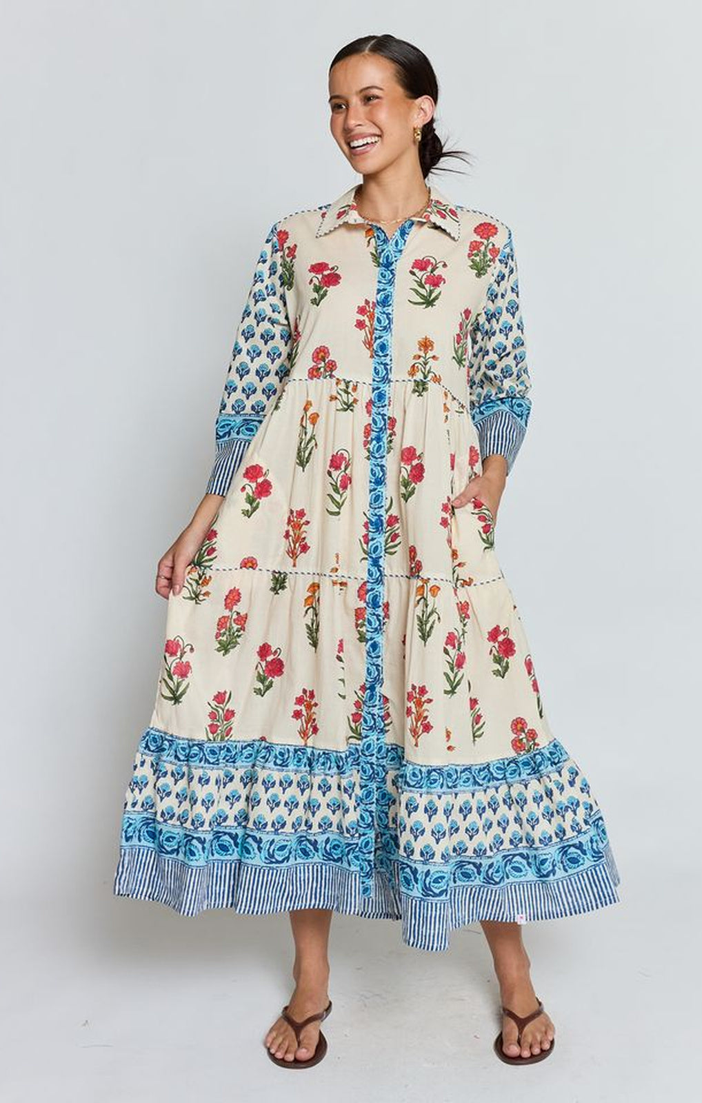 Ibisa Stirling Midi Dress cream multi full-length front view – Princess Bazaar