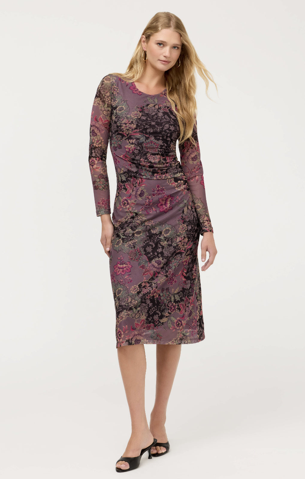 Johnny Was Long Sleeve Ruched Front Mesh Midi Dress Jemma floral print front view – Princess Bazaar