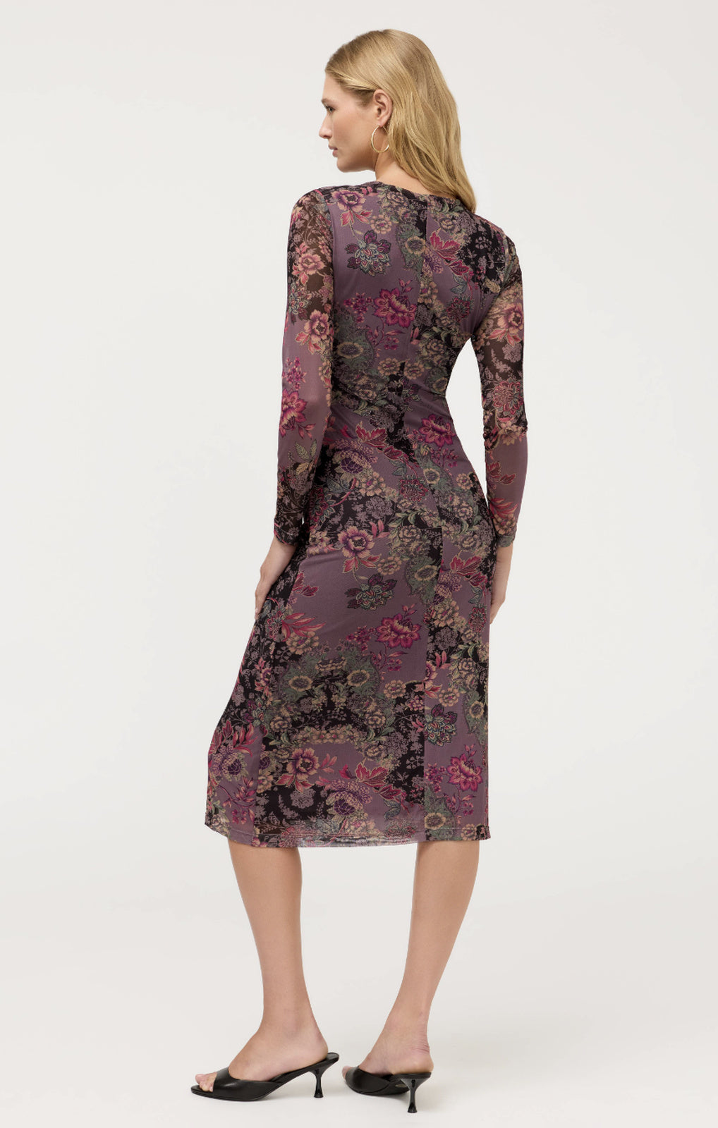 Johnny Was Long Sleeve Ruched Front Mesh Midi Dress Jemma floral print front view – Princess Bazaar