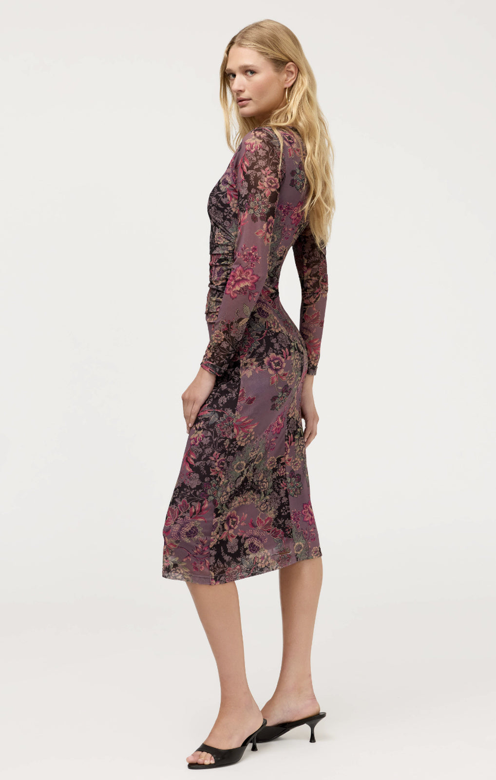 Johnny Was Long Sleeve Ruched Front Mesh Midi Dress Jemma floral print front view – Princess Bazaar