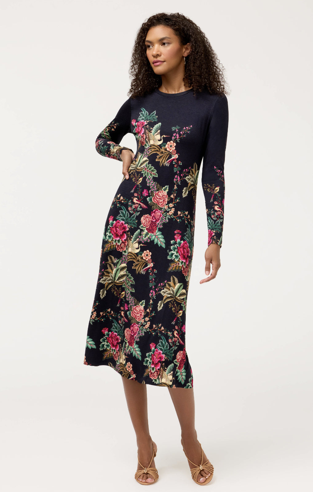 Johnny Was The Janie Favorite Long Sleeve Midi Dress Lyrata black floral front view – Princess Bazaar