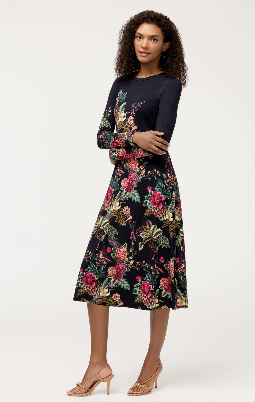 Johnny Was The Janie Favorite Long Sleeve Midi Dress Lyrata black floral front view – Princess Bazaar
