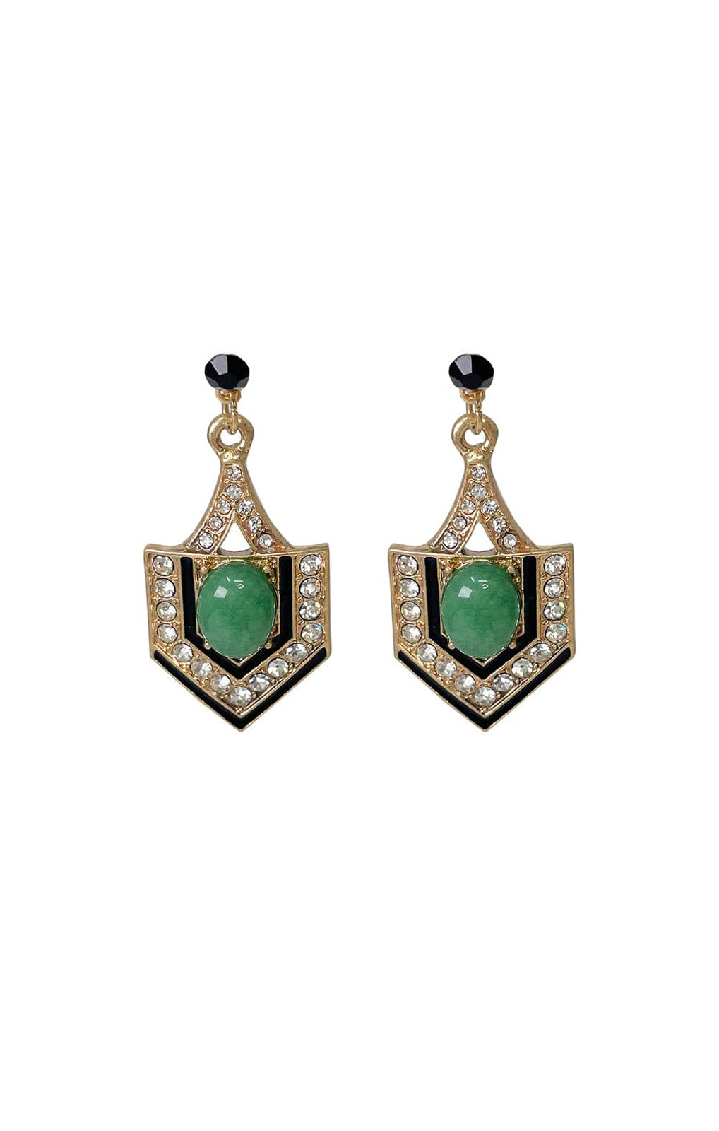 Lovett & Co Deco Fan Earrings green gold front view – Princess Bazaar