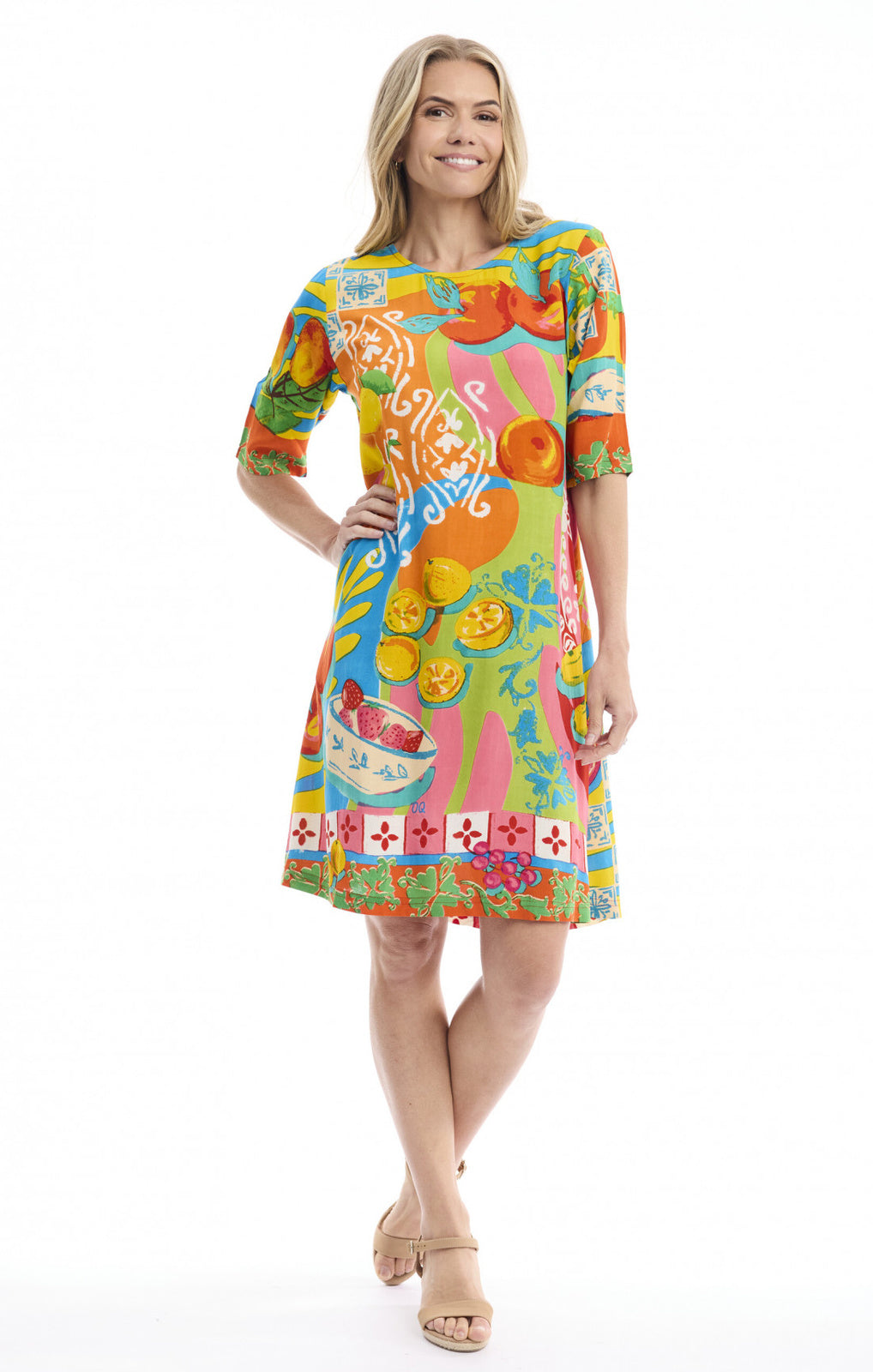 Orientique Mougins Dress Contemporary multicolour fruit print full-length front – Princess Bazaar