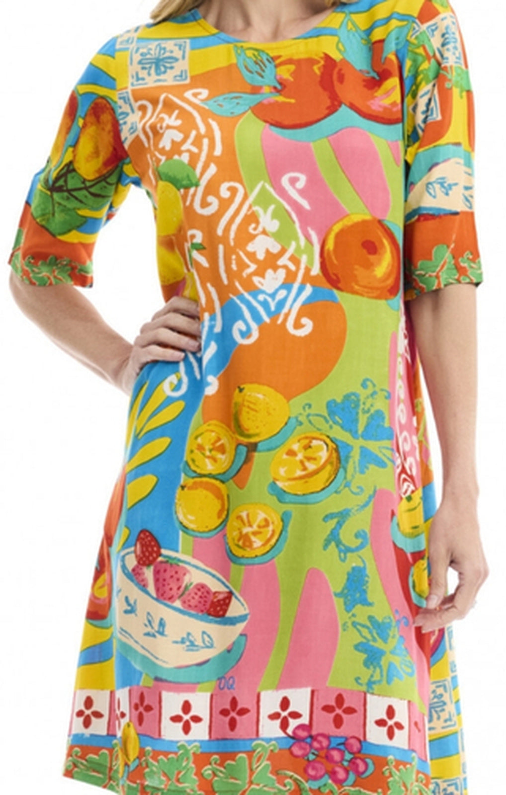Orientique Mougins Dress Contemporary multicolour fruit print full-length front – Princess Bazaar