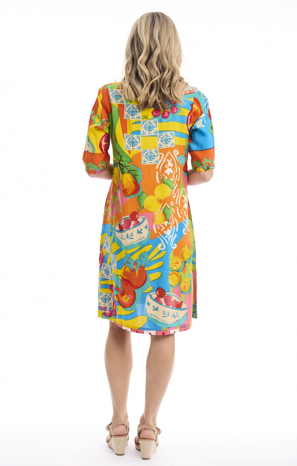 Orientique Mougins Dress Contemporary multicolour fruit print full-length front – Princess Bazaar