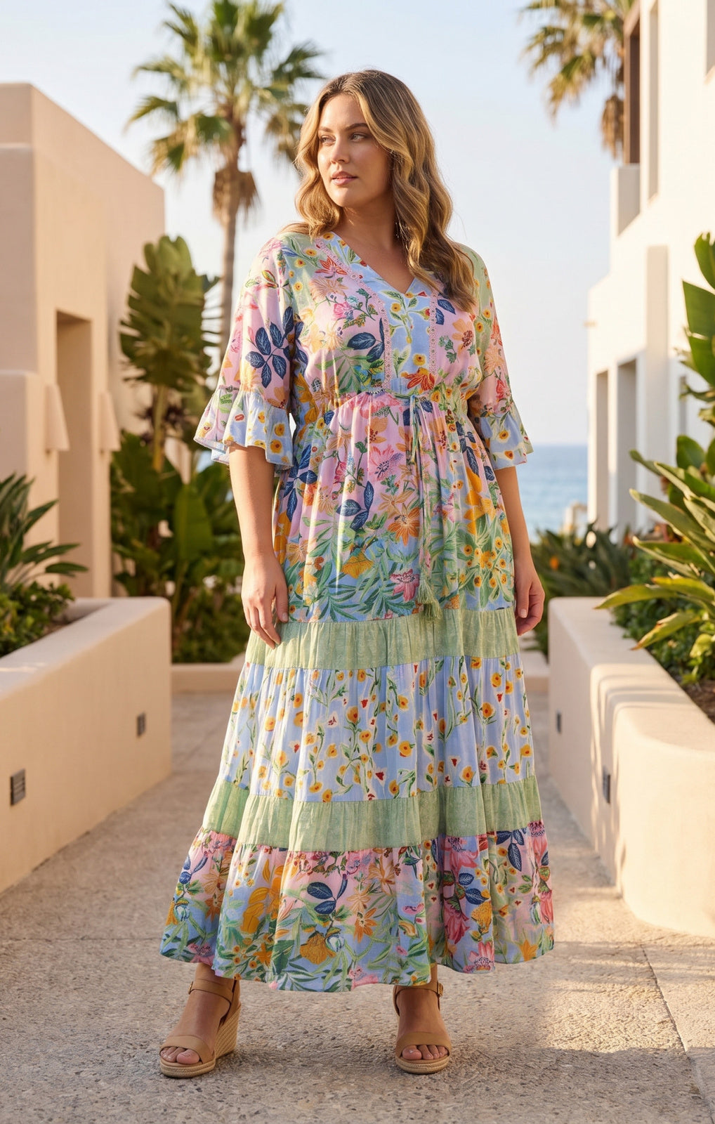 Orientique Sur Mer Maxi Dress layers V full-length front view – Princess Bazaar