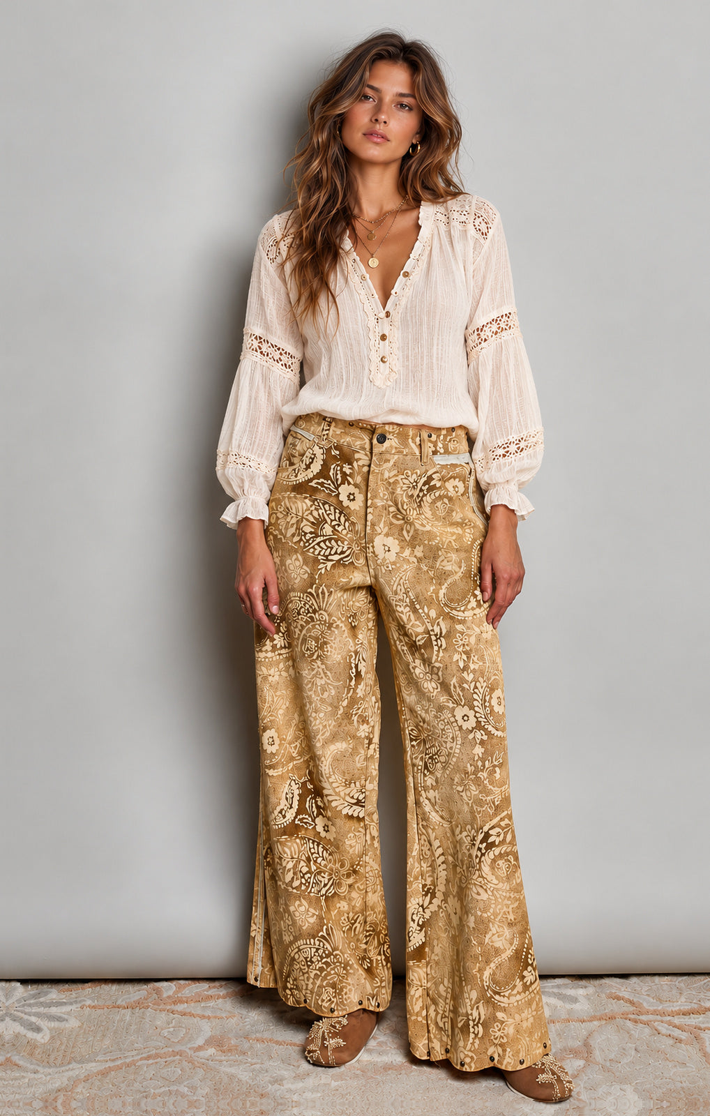 POL USA Paisley Jeans sand full-length front – Princess Bazaar