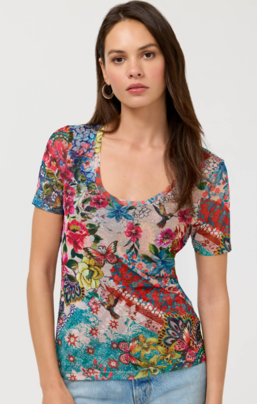 Johnny Was - SHORT SLEEVE SCOOP NECK MESH TEE - Evie
