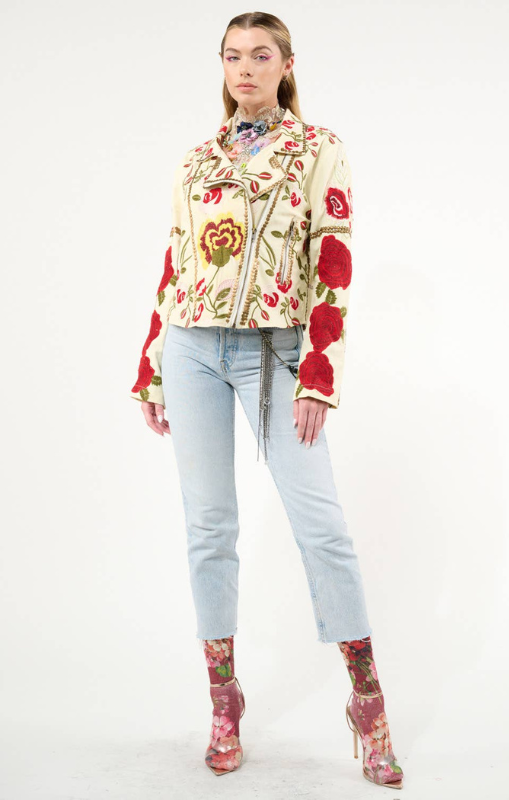 Aratta - Carmen Embroidered Denim Motorcycle Jacket - Last one