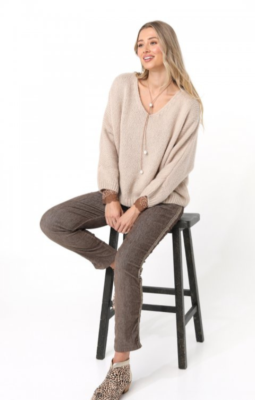 Elizabeth Scott - Corduroy Pants with Lurex Stripe Chocolate - ES-PT-308-DO