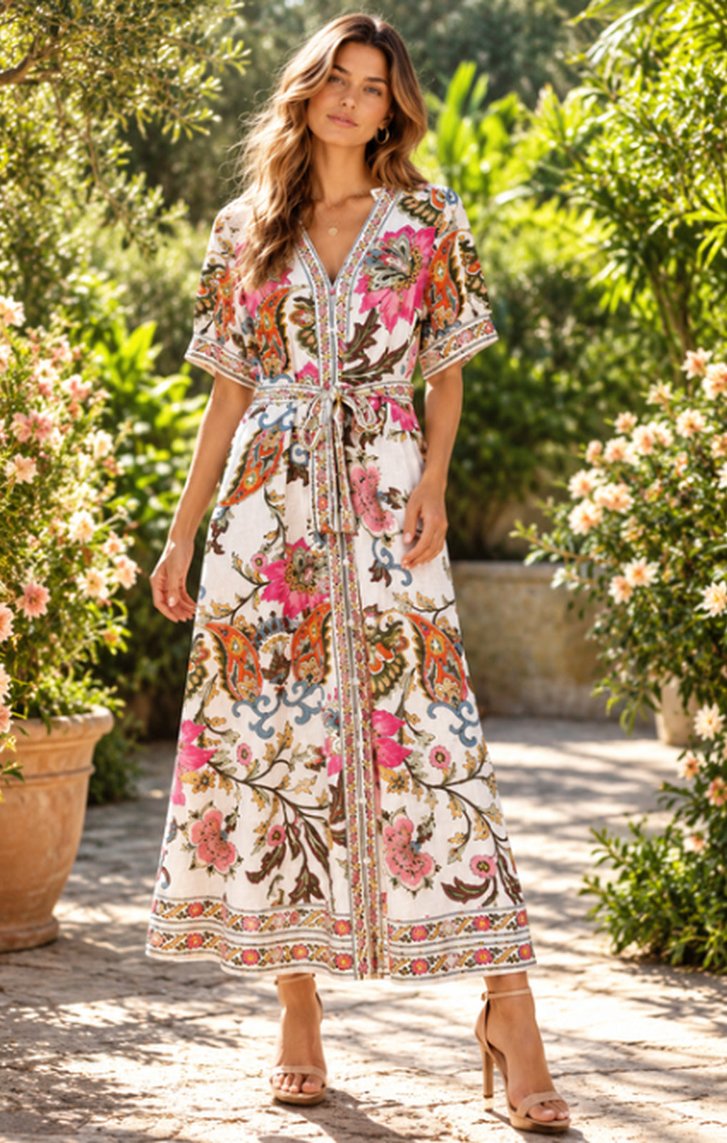 Sambara Multi Floral Print V-Neck Dress white full-length front – Princess Bazaar