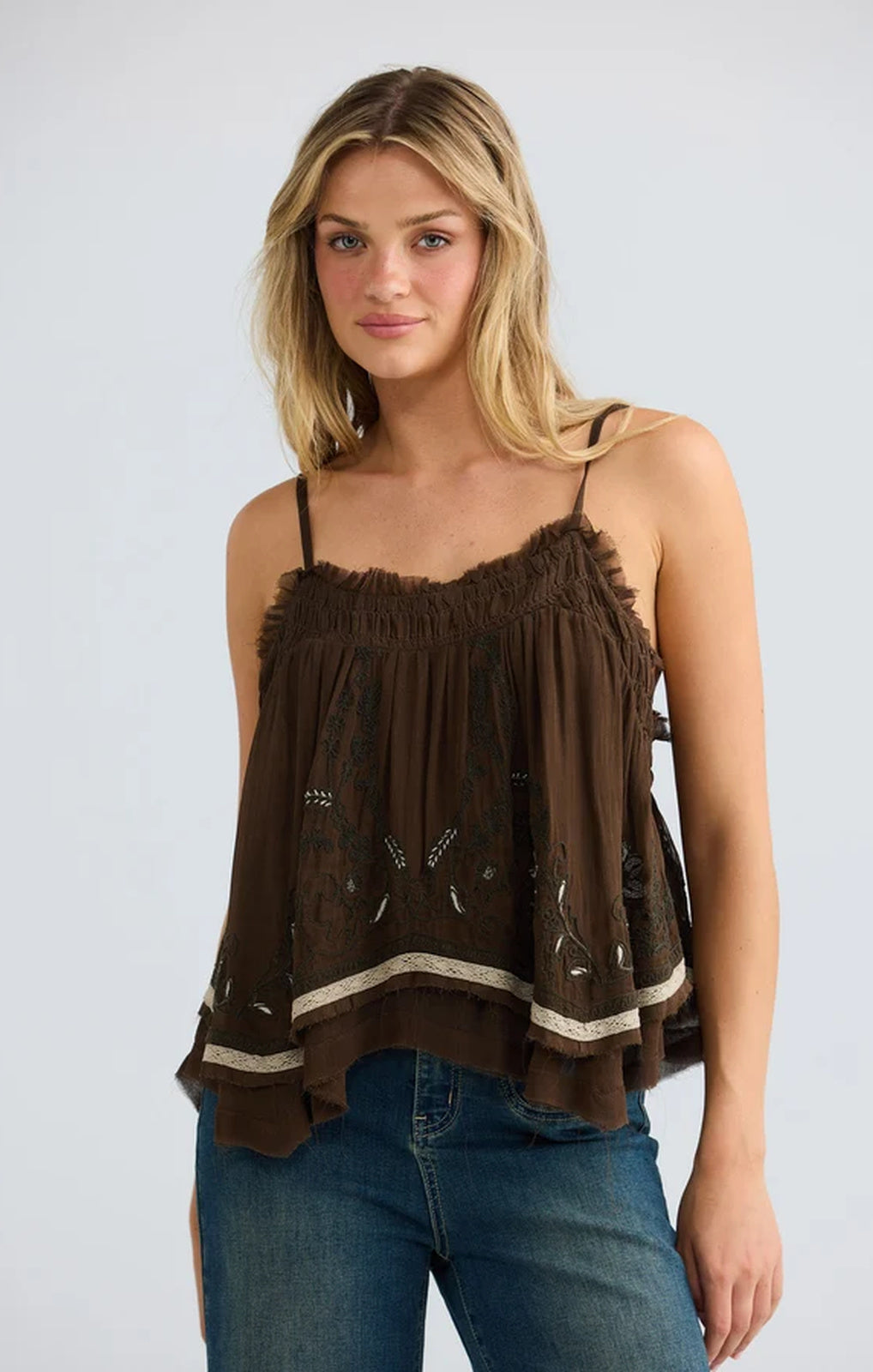 Talisman Ambrosia Top cocoa embroidery and lace close-up – Princess Bazaar