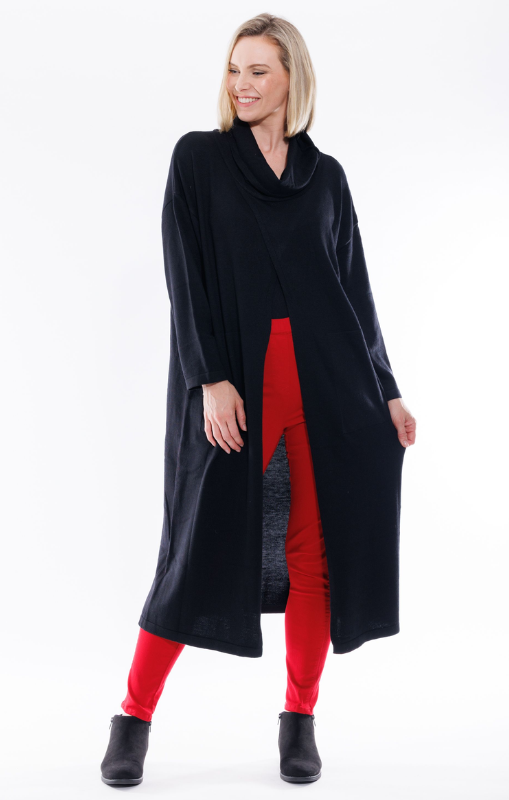 Cafe Latte - SPLIT FRONT KNIT TUNIC - Black - CLK079 - last one